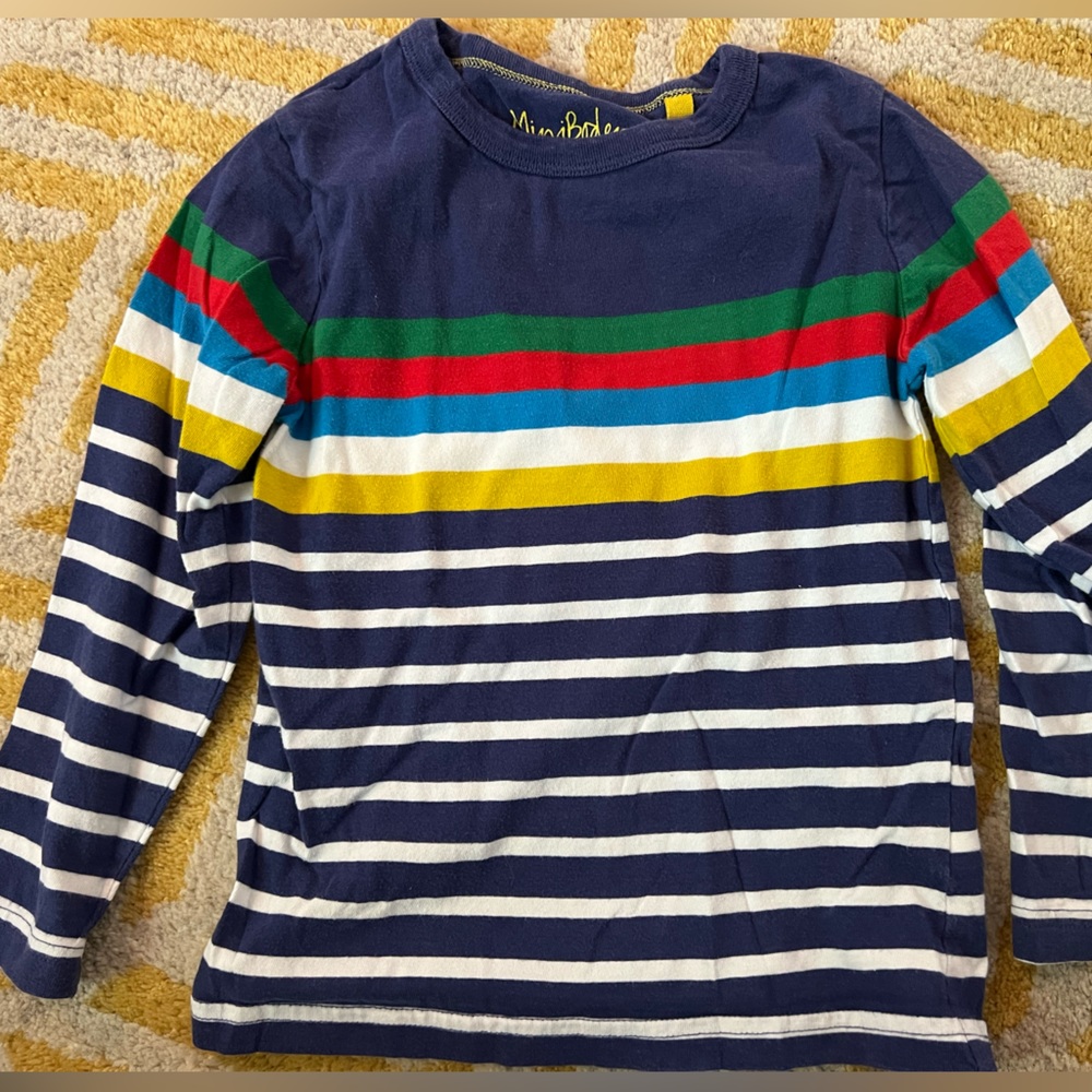 Mini Boden boys long sleeved washed t-shirt size 4-5. Blue with stripes